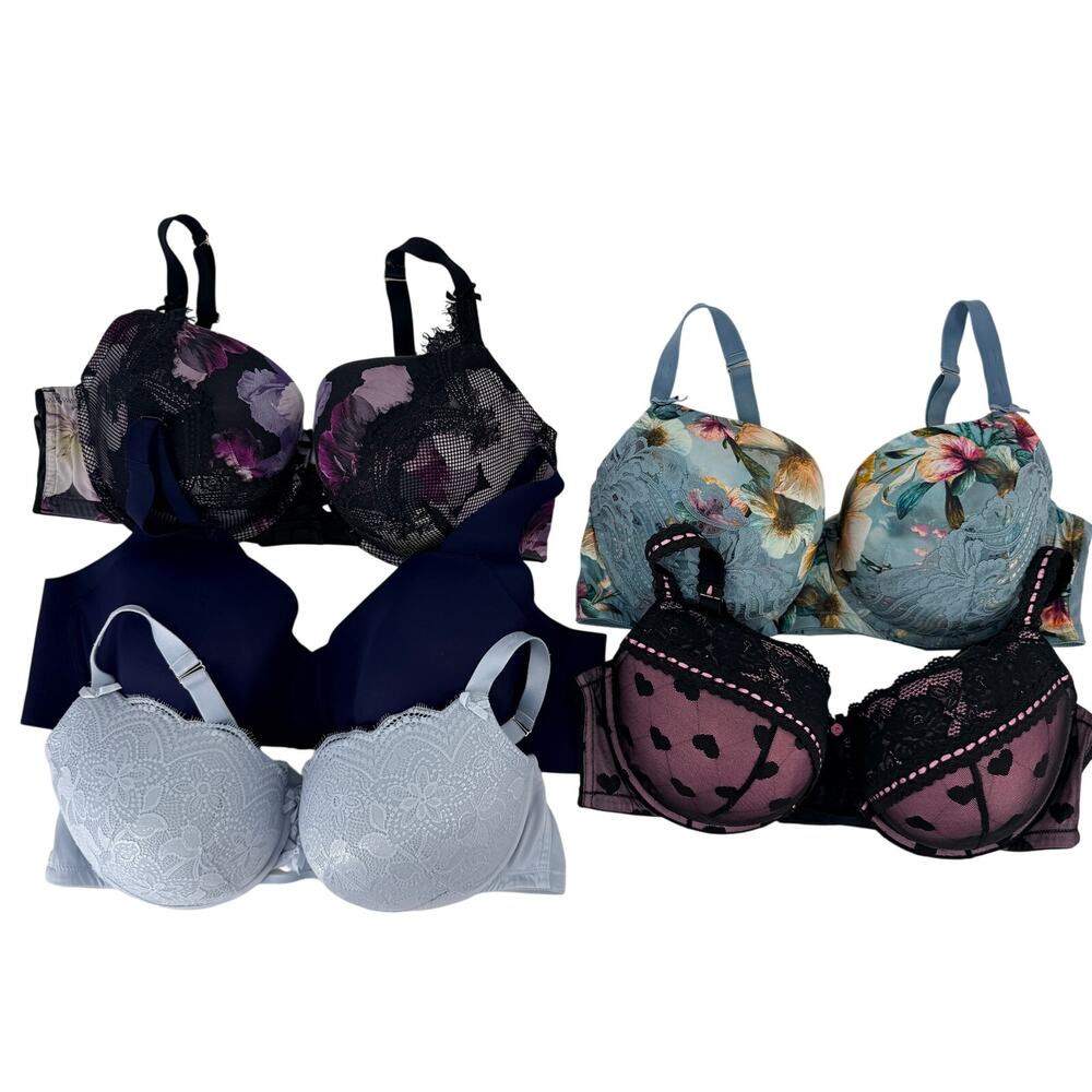Cacique Size 44DD Bra Lot Of 5 Balconette Underwire Lace Floral Blue Black Pink
